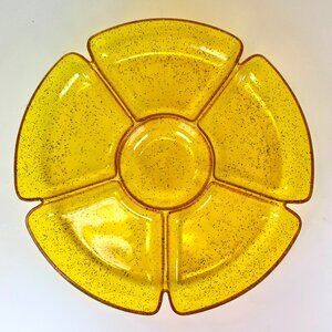 Vtg 1970s 13” Round Yellow Gold Glitter Lucite Acrylic Chips & Dip Party Tray